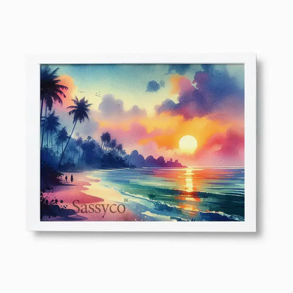 Goa India sunset beach landscape with silhouetted palm trees, a glowing orange sun and gentle waves washing over golden sand watercolor painting, framed in a clean white frame - beach canvas wall art, coastal sunset wall art, Goa travel poster artwork print for living room, bedroom and home office wall decor