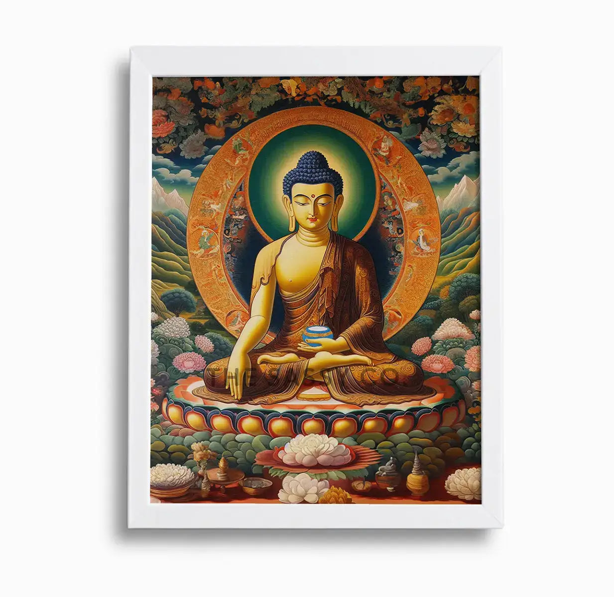 Thangka style buddha canvas wall art painting for modern home living room decor.  Peaceful wall decor for modern aesthetic home. 