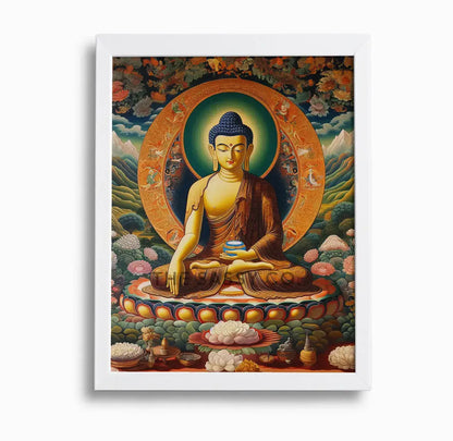 Thangka style buddha canvas wall art painting for modern home living room decor.  Peaceful wall decor for modern aesthetic home. 