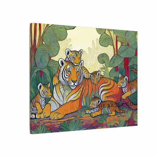An abstract, modern, aesthetic wall art canvas painting of a Royal Bengal tigress with her cubs. The colorful artwork is perfect for wall art decor. This tribal style art print is a vibrant addition to any living room or home decor. Ideal for wildlife, tiger and nature lovers. Large size wall painting.