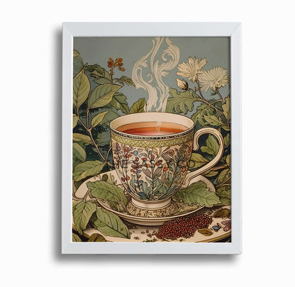 a pastel blue and green vintage style tea artwork. Tea leaves, cup wall art painting canvas, framed art print for kitchen, dining room, home wall decor. Buy modern wall art paintings online India.