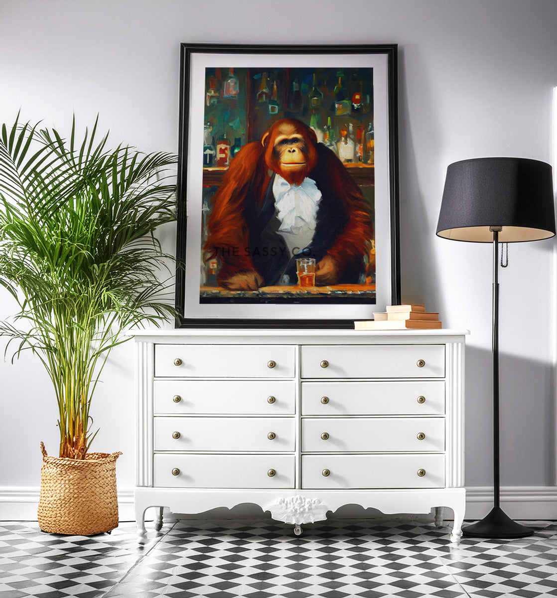 Vintage style, Animal, Orangutan Bartender Wall Art Painting, Canvas & Framed print for bar, Kitchen, Dining, Home decor