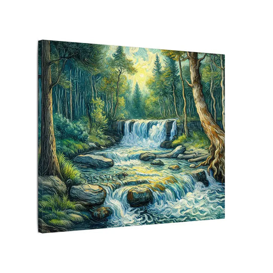 forest waterfall nature landscape with a cascading stream tumbling over rocks through lush sunlit greenery impressionist painting, as a gallery wrap canvas print - nature canvas wall art, vastu approved painting for home, waterfall landscape poster artwork print for living room, bedroom and home office wall decor