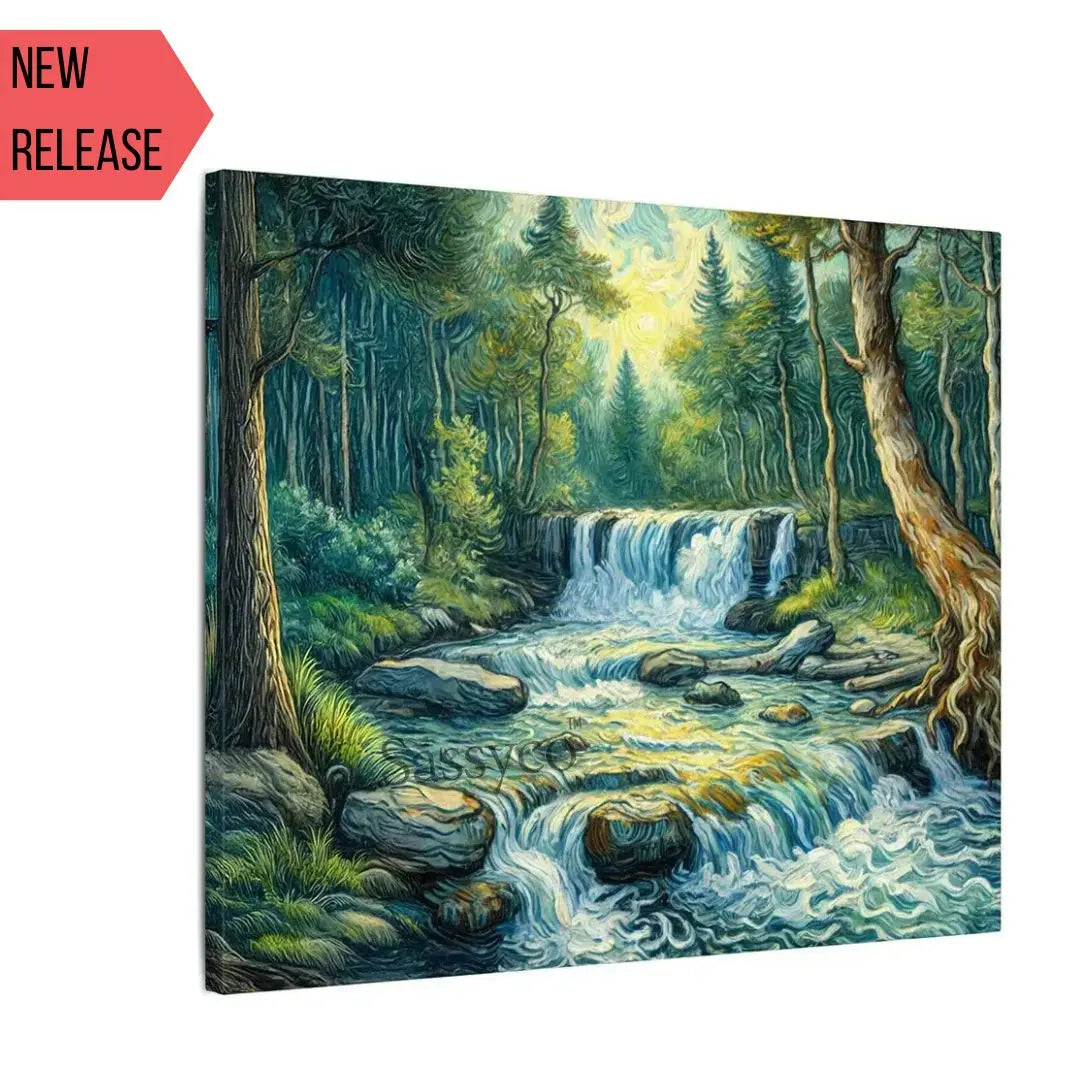 forest waterfall nature landscape canvas wall painting scenery with a cascading stream tumbling over rocks through lush sunlit greenery impressionist painting, as a gallery wrap canvas print - nature canvas wall art, vastu approved painting for home, waterfall landscape poster artwork print for living room, bedroom and home office wall decor