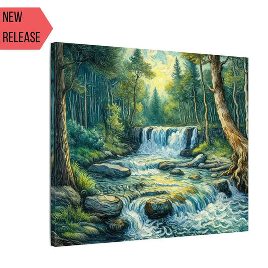 forest waterfall nature landscape canvas wall painting scenery with a cascading stream tumbling over rocks through lush sunlit greenery impressionist painting, as a gallery wrap canvas print - nature canvas wall art, vastu approved painting for home, waterfall landscape poster artwork print for living room, bedroom and home office wall decor