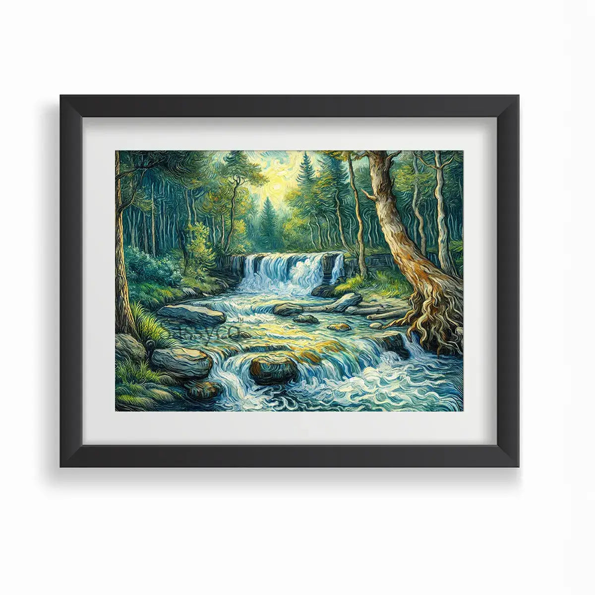 forest waterfall nature landscape with a cascading stream tumbling over rocks through lush sunlit greenery impressionist painting, framed in a sleek black frame - nature canvas wall art, vastu painting for home, waterfall landscape poster artwork print for living room, bedroom and home office wall decor