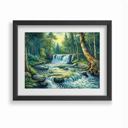 forest waterfall nature landscape with a cascading stream tumbling over rocks through lush sunlit greenery impressionist painting, framed in a sleek black frame - nature canvas wall art, vastu painting for home, waterfall landscape poster artwork print for living room, bedroom and home office wall decor