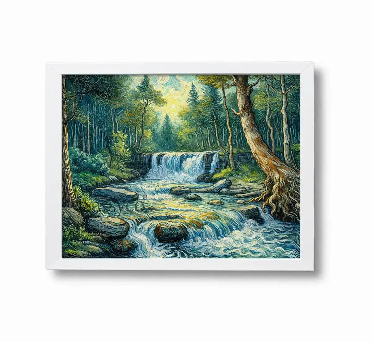 forest waterfall nature landscape with a cascading stream tumbling over rocks through lush sunlit greenery impressionist painting, framed in a white frame - nature canvas wall art, vastu painting for home, waterfall landscape poster artwork print for living room, bedroom and home office wall decor