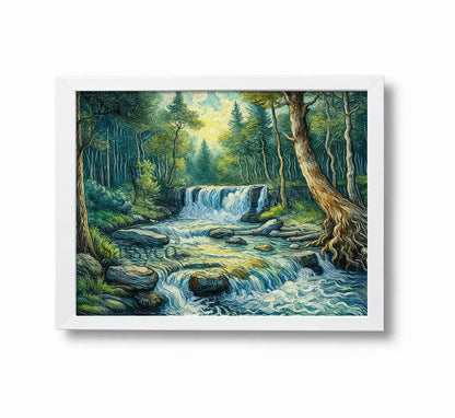 forest waterfall nature landscape with a cascading stream tumbling over rocks through lush sunlit greenery impressionist painting, framed in a white frame - nature canvas wall art, vastu painting for home, waterfall landscape poster artwork print for living room, bedroom and home office wall decor