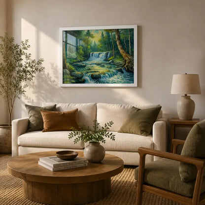 forest waterfall nature landscape with a cascading stream tumbling over rocks through lush sunlit greenery impressionist painting, framed in a clean white frame, styled in a living room - nature canvas wall art, vastu painting for home, waterfall landscape poster artwork print for living room, bedroom and home office wall decor
