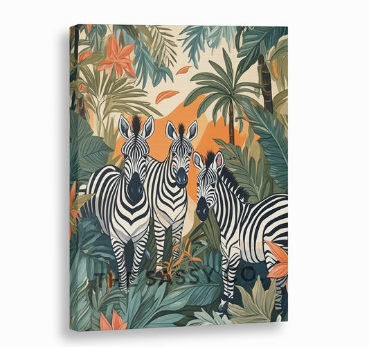 Tropical zebras, animal wall art painting canvas & framed print for bedroom, living room, home decor