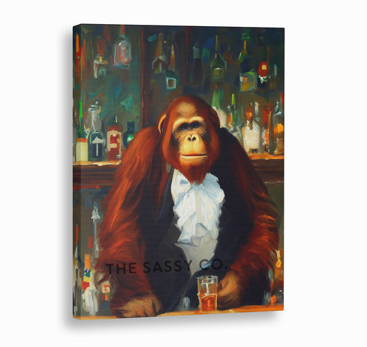 Vintage style, Animal, Orangutan Bartender Wall Art Painting, Canvas & Framed print for bar, Kitchen, Dining, Home decor
