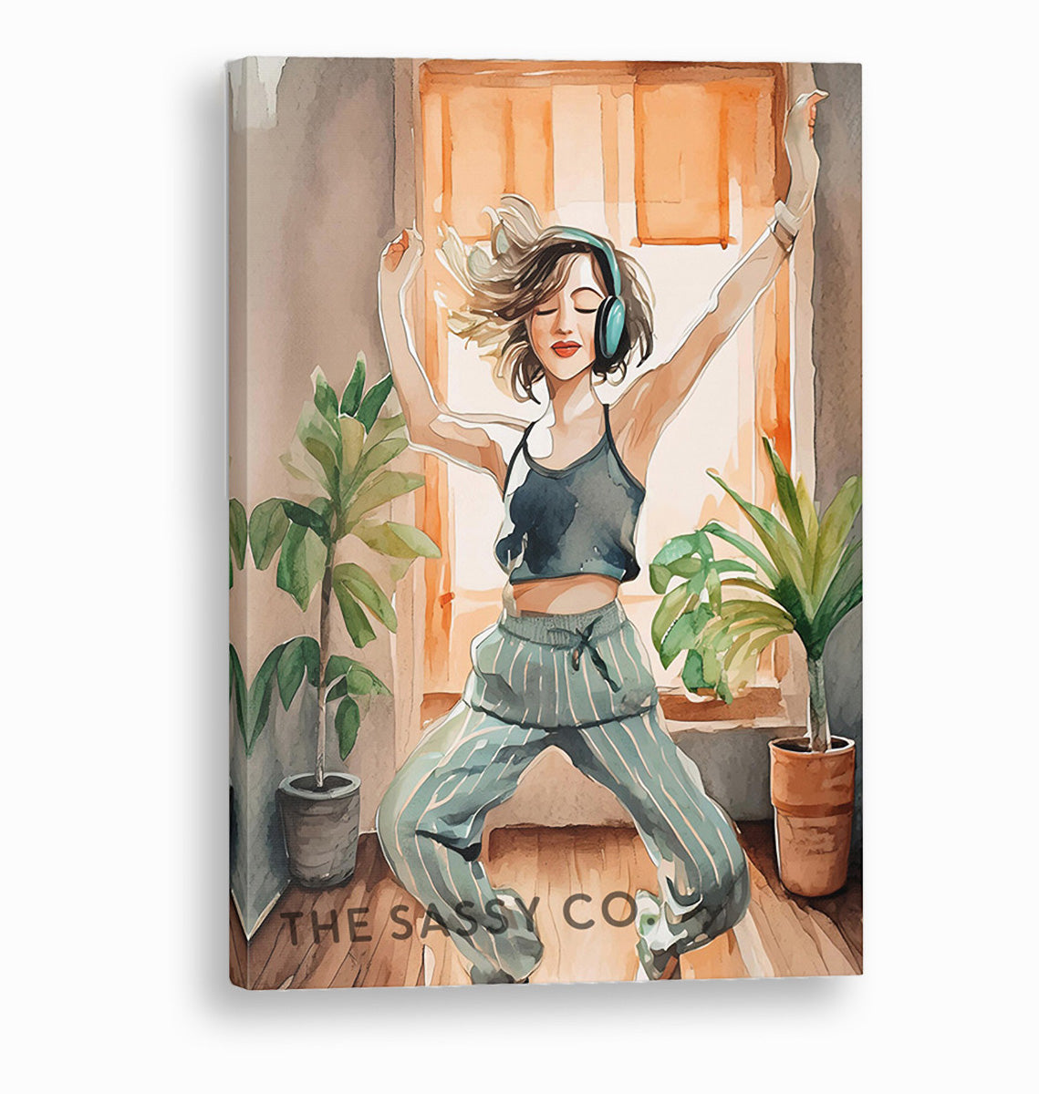 an orange, brown, green boho style watercolor modern artwork Woman dancing with headphones, wall art painting canvas gallery wrap, framed artwork print for bedroom wall and modern Indian home boho wall art decor