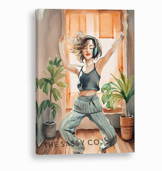 an orange, brown, green boho style watercolor modern artwork Woman dancing with headphones, wall art painting canvas gallery wrap, framed artwork print for bedroom wall and modern Indian home boho wall art decor