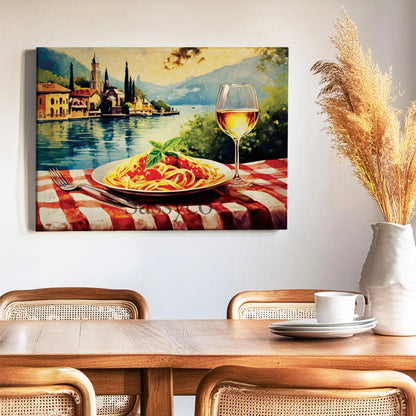 Italy style inspired, Lake Como cityscape, Spaghetti, Wine travel wall art painting canvas print, framed canvas wall artwork print for Kitchen wall, Dining room and modern Indian home wall decor. Vintage Italian Lake Como scenery, wine, pasta travel canvas oil painting wall art for modern dining room, kitchen wall decor.