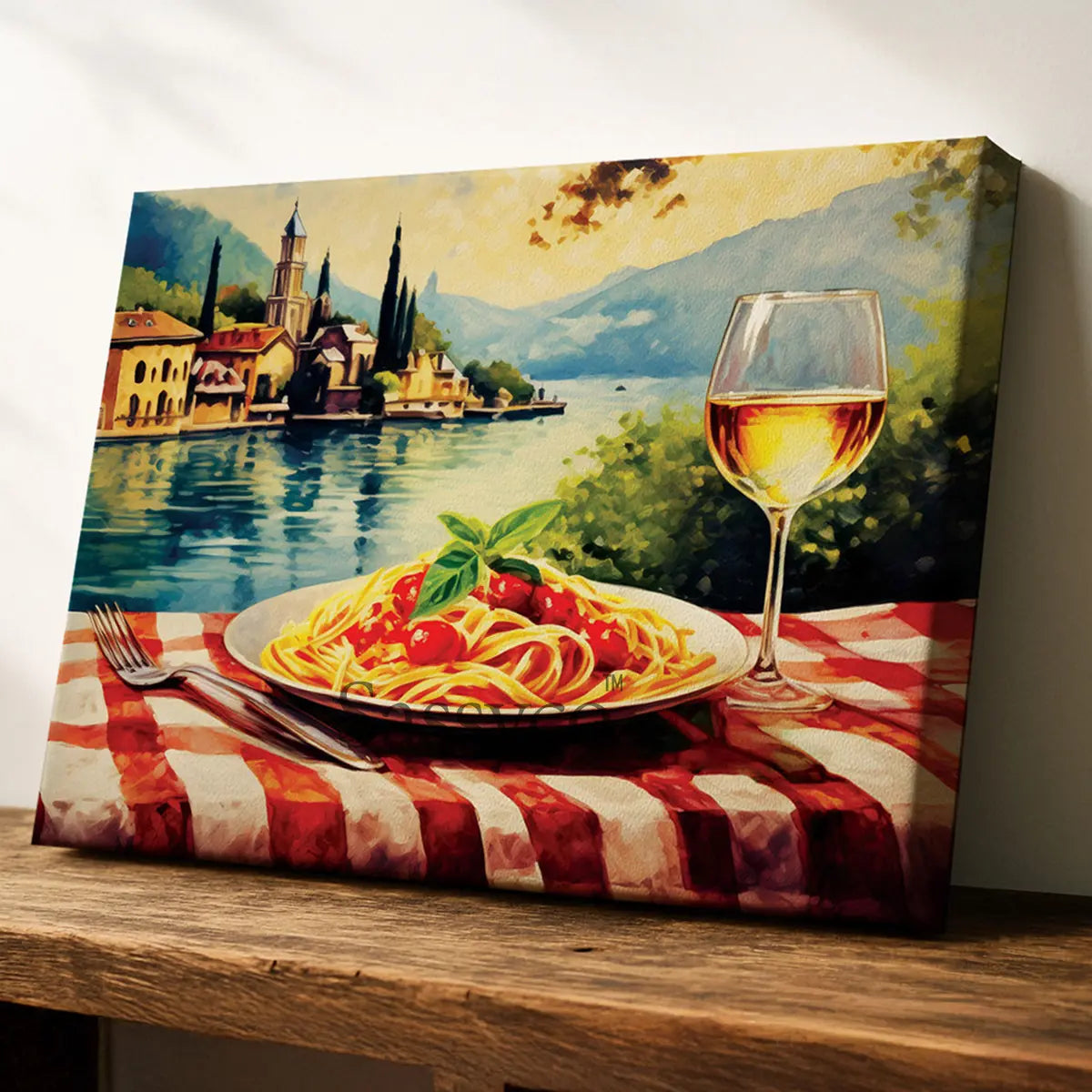 Italy style inspired, Lake Como cityscape, Spaghetti, Wine travel wall art painting canvas print, framed canvas wall artwork print for Kitchen wall, Dining room and modern Indian home wall decor. Vintage Italian Lake Como scenery, wine, pasta travel canvas oil painting wall art for modern dining room, kitchen wall decor.