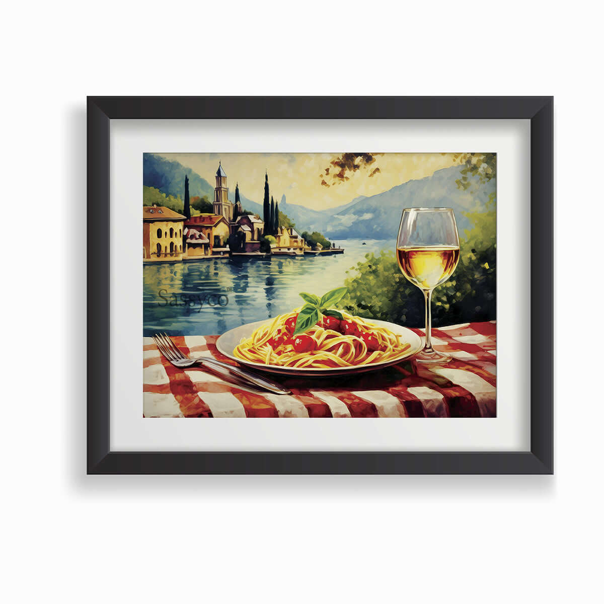 Italy style inspired, Lake Como, Spaghetti, Wine travel canvas wall art painting canvas print, framed wall artwork print for Kitchen wall, Dining room and modern Indian home wall decor.