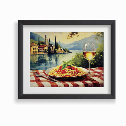 Italy style inspired, Lake Como, Spaghetti, Wine travel canvas wall art painting canvas print, framed wall artwork print for Kitchen wall, Dining room and modern Indian home wall decor.