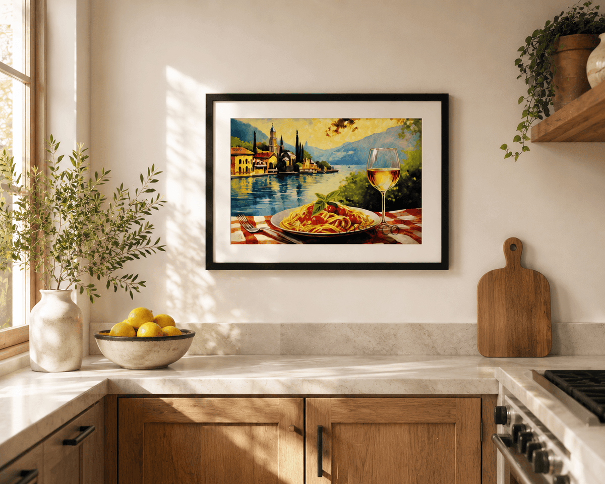 Italy style inspired, Lake Como, Spaghetti, Wine travel canvas wall art painting canvas print, framed wall artwork print for Kitchen wall, Dining room and modern Indian home wall decor.
