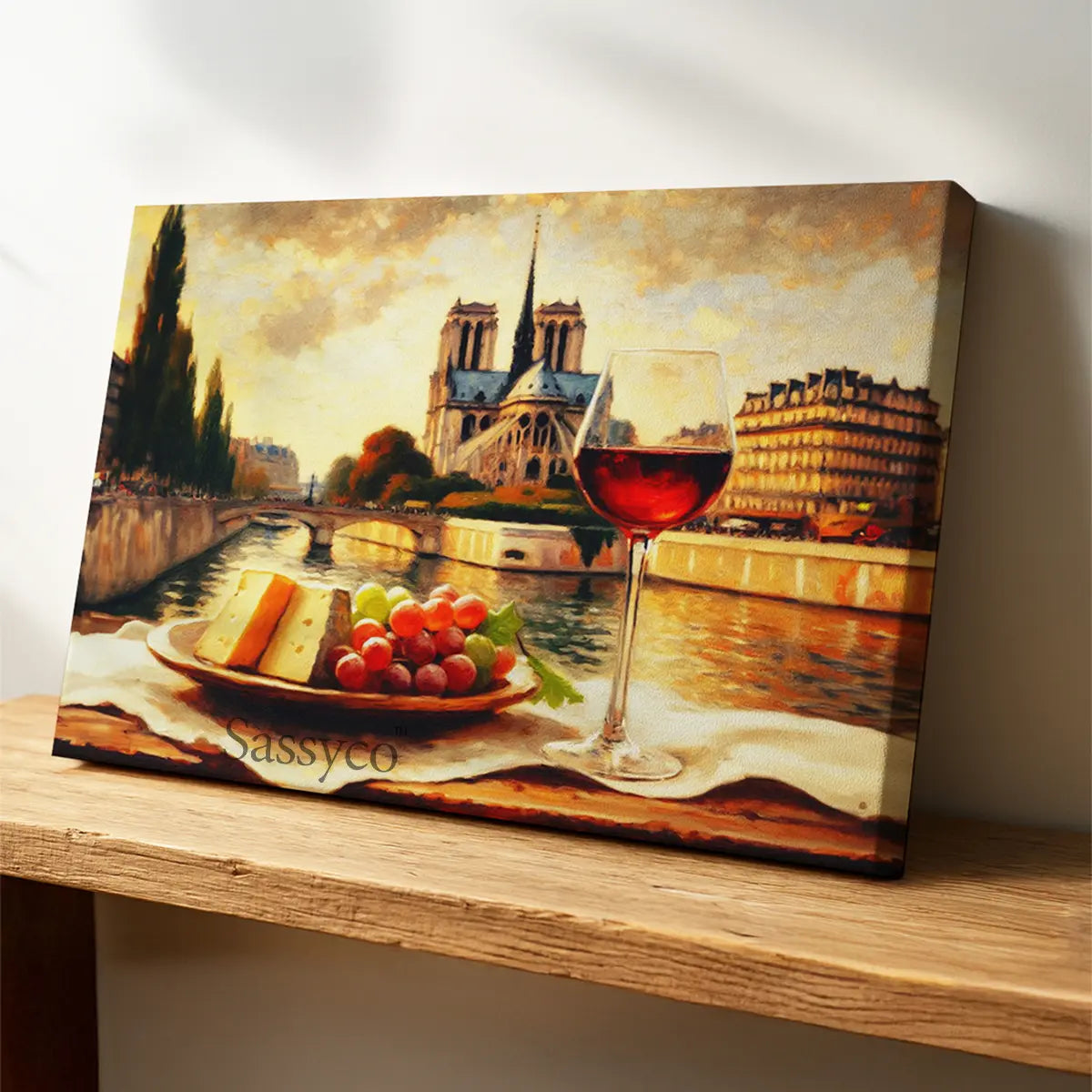 Canvas art print of a scenic cityscape with a glass of wine and cheese plate, branded 'Sassyco'. A vintage style Paris cityscape canvas oil painting wall art for modern kitchen, dining room wall decor. French style room decor. Aesthetic scenery for dining room wall art decor. 