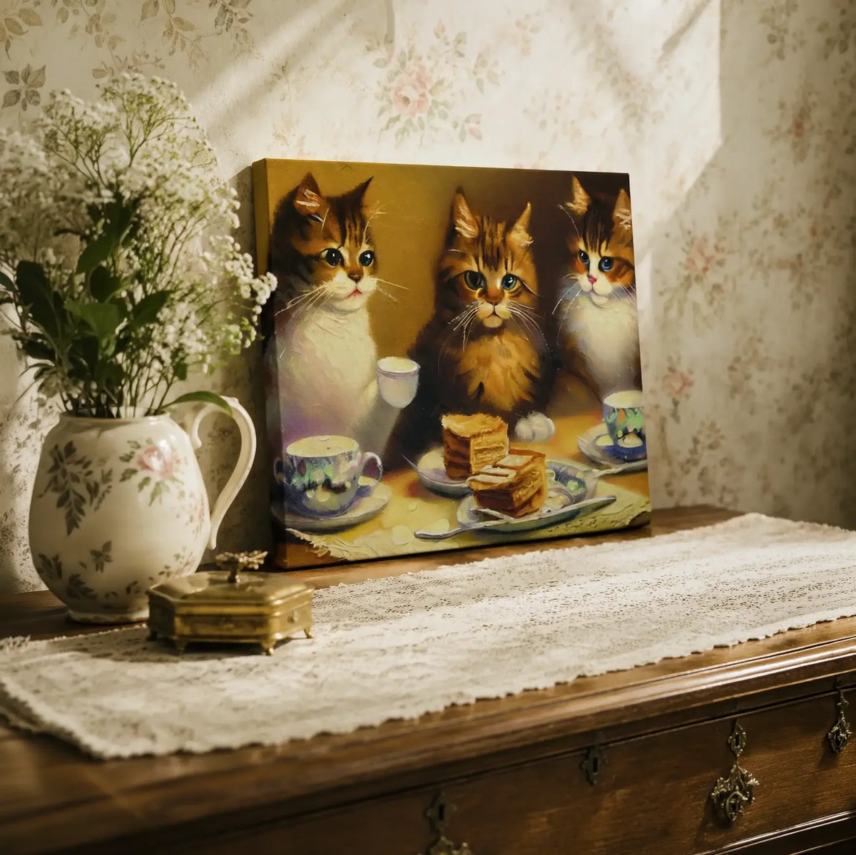 Vintage style three cats having a tea party, canvas wall art painting for kitchen, dining room wall decor. Canvas wall art painting prints, framed art prints for bedroom, living room, home decor. Buy wall art painting online India.