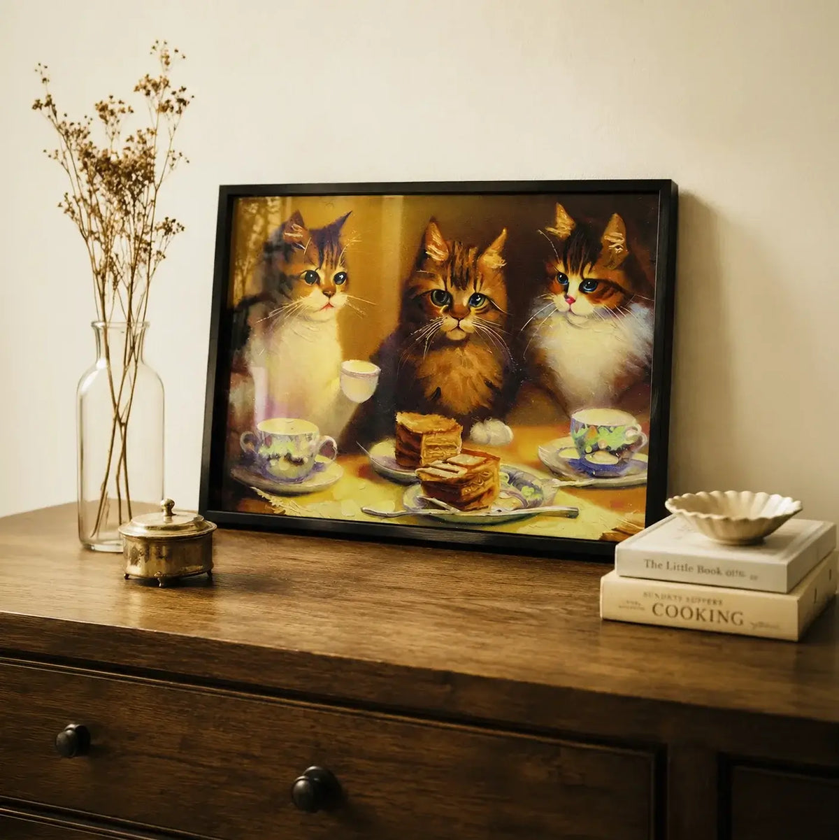 Vintage style three cats having a tea party, canvas wall art painting for kitchen, dining room wall decor. Canvas wall art painting prints, framed art prints for bedroom, living room, home decor. Buy wall art painting online India.