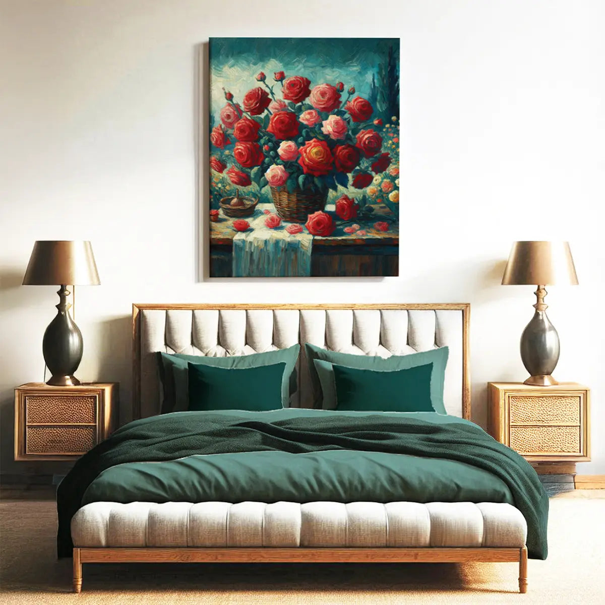 Bedroom with green bedding, wooden nightstands, and floral painting on the wall. Vintage style Red pink Roses flowers floral botanical oil paint style canvas wall art painting & framed canvas art print for bedroom, living room and modern home decor. Van Gogh Style wall art decor. 