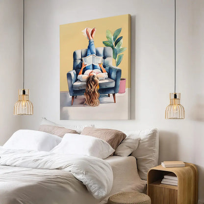 A yellow, blue boho style watercolor modern artwork of a woman reading book. Boho watercolor wall art painting canvas, framed art print for bedroom, living room, home wall decor. Boho wall decor ideas for modern Indian homes. Buy wall art painting online 