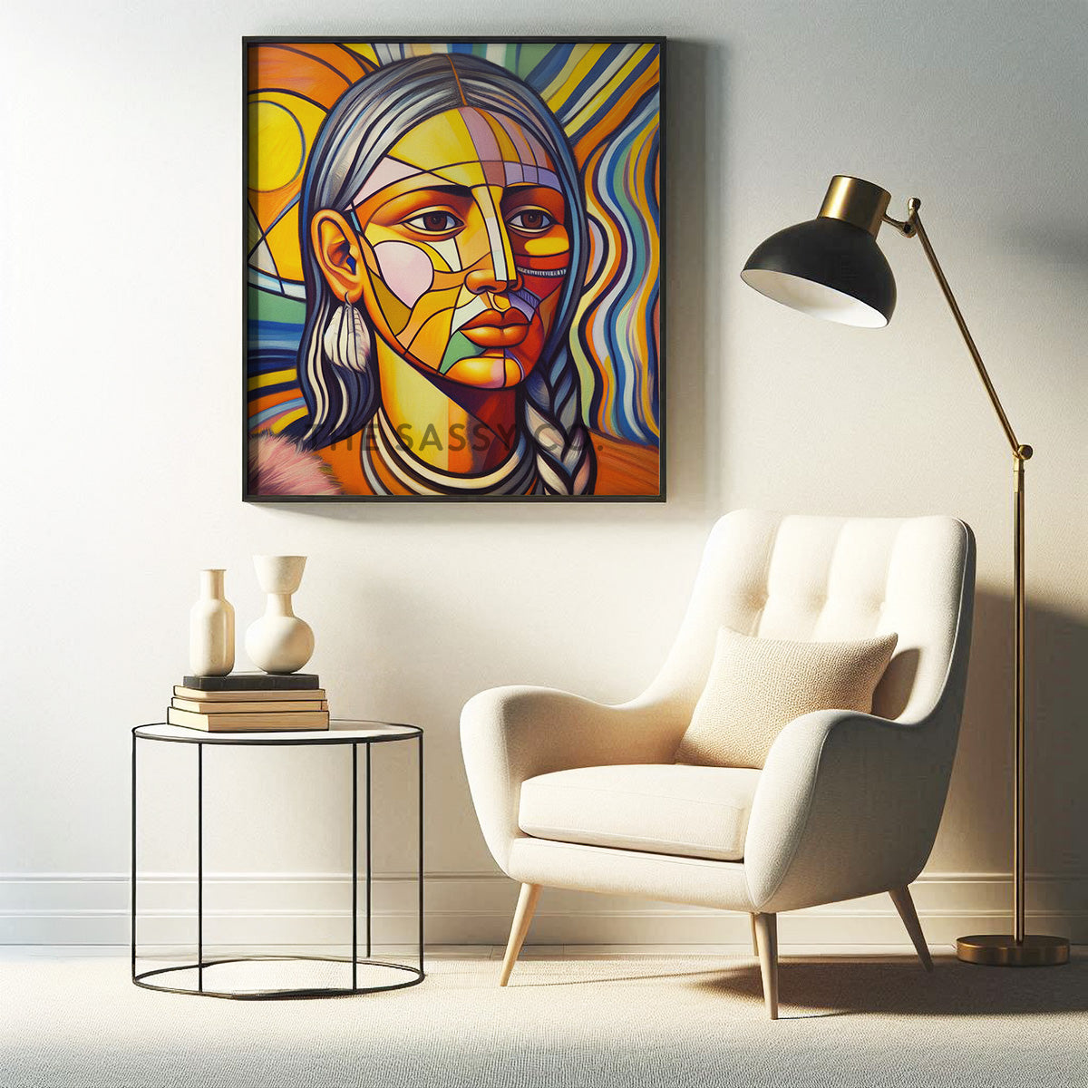 Boho style colorful Abstract woman wall art painting canvas, framed print for living room, home decor