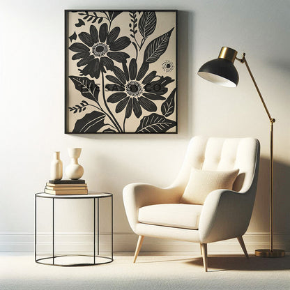Minimalist Floral black daisy wall art painting canvas prints, framed prints bedroom, living room, home decor