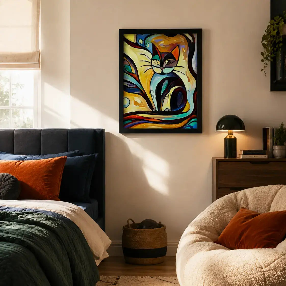 Picasso Style Abstract Cat Wall art painting canvas print, framed print for living room, bedroom, home decor