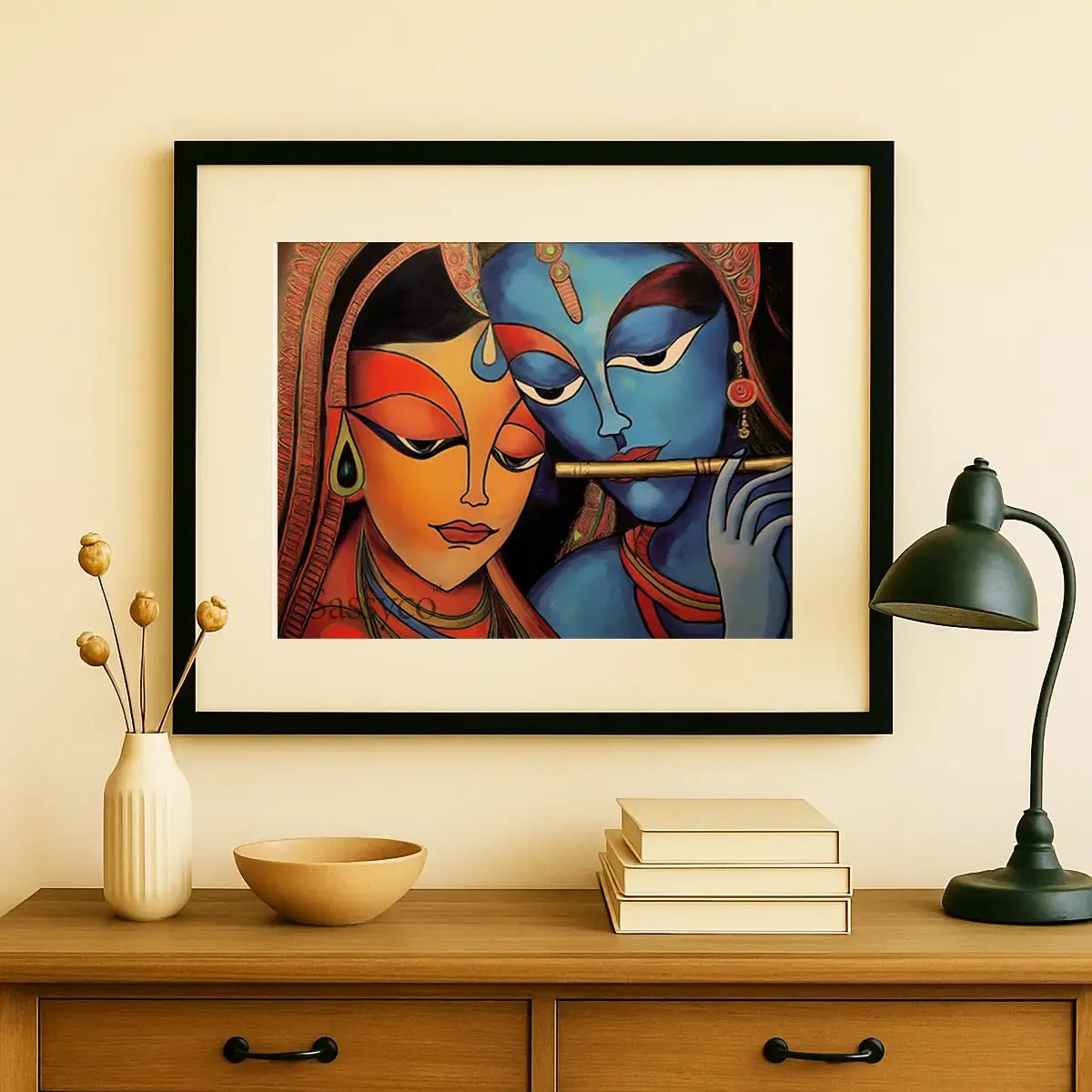 Radha Krishna wall art canvas painting black frame– modern Indian painting of divine lovers Radha and god Krishna in vibrant tones, symbolizing love, devotion, and harmony; spiritual wall art décor for living room or bedroom.