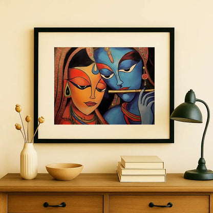 Radha Krishna wall art canvas painting black frame– modern Indian painting of divine lovers Radha and god Krishna in vibrant tones, symbolizing love, devotion, and harmony; spiritual wall art décor for living room or bedroom.
