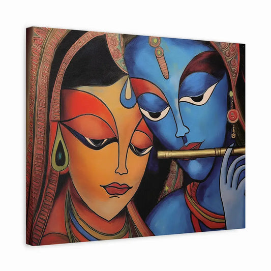 Radha Krishna wall art canvas painting gallery wrap– modern Indian painting of divine lovers Radha and god Krishna in vibrant tones, symbolizing love, devotion, and harmony; spiritual wall art décor for living room or bedroom.
