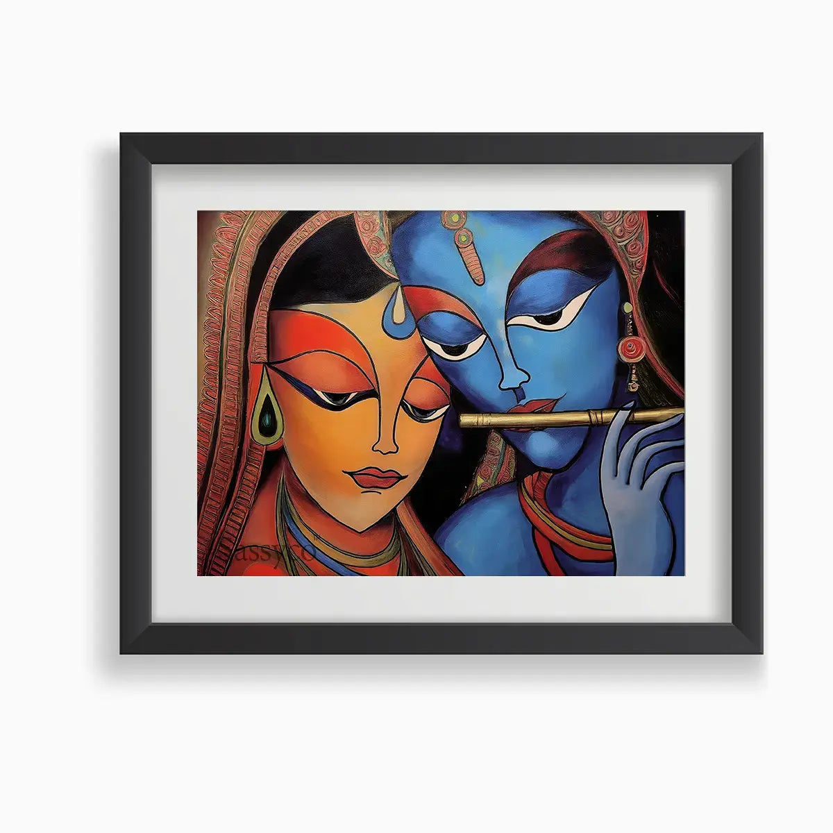 Radha Krishna wall art canvas painting black frame– modern Indian painting of divine lovers Radha and god Krishna in vibrant tones, symbolizing love, devotion, and harmony; spiritual wall art décor for living room or bedroom.