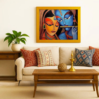 Radha Krishna wall art canvas painting gold frame– modern Indian painting of divine lovers Radha and god Krishna in vibrant tones, symbolizing love, devotion, and harmony; spiritual wall art décor for living room or bedroom.