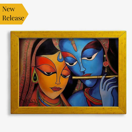 Radha Krishna wall art canvas painting gold frame– modern Indian painting of divine lovers Radha and god Krishna in vibrant tones, symbolizing love, devotion, and harmony; spiritual wall art décor for living room or bedroom.