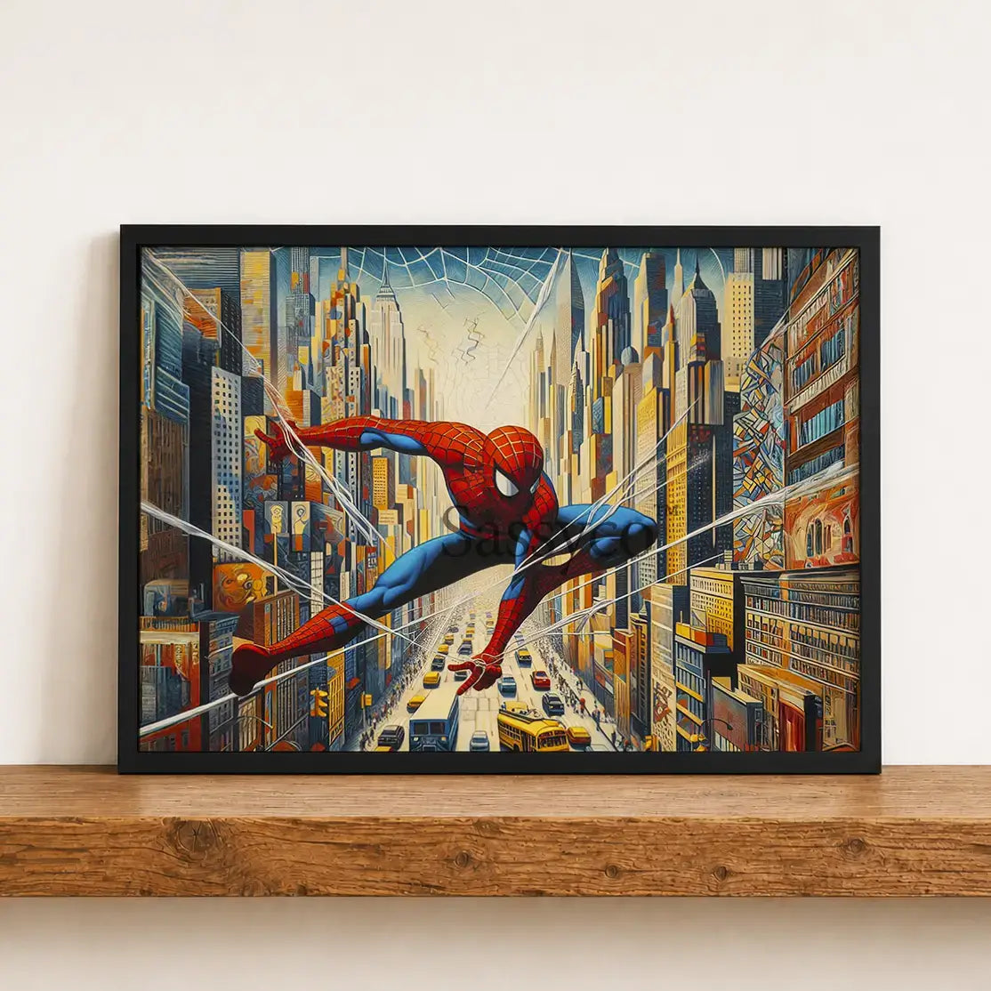 a blue, red canvas wall art painting of Spiderman in the city. Spider man superhero artwork wall art painting canvas print, framed art print for bedroom, game room wall decor, kid's room decor. Modern wall art decor for Indian homes. Abstract Marvel spiderman canvas wall art painting poster for boys room wall decor, home office decor.
