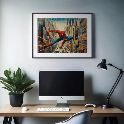 a blue, red canvas wall art painting of Spiderman in the city. Spider man superhero artwork wall art painting canvas print, framed art print for bedroom, game room wall decor, kid's room decor. Modern wall art decor for Indian homes. Abstract Marvel spiderman canvas wall art painting poster for boys room wall decor, home office decor.