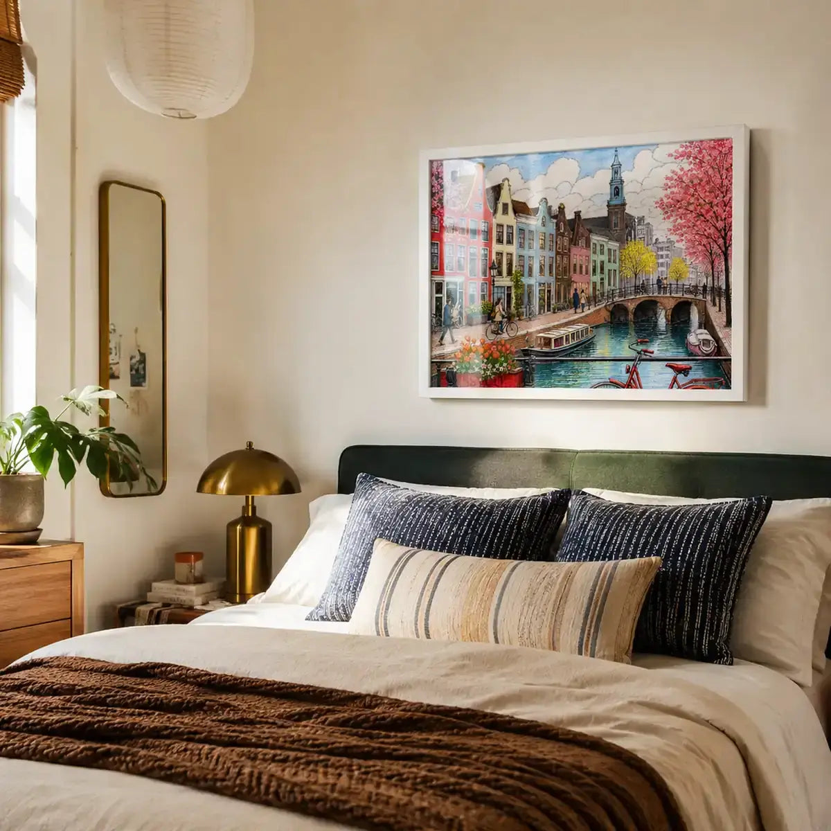 Amsterdam Netherlands canal cityscape with colourful gabled houses, cherry blossom trees and a red bicycle watercolor painting, hanging over a bed in a bedroom - Dutch travel wall art, Europe cityscape canvas wall art, Amsterdam poster artwork print for living room, bedroom and home office wall decor