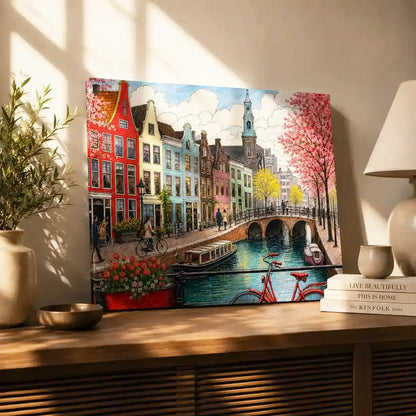 Amsterdam Netherlands canal cityscape with colourful gabled houses, cherry blossom trees and a red bicycle watercolor painting, styled in a living room - Dutch travel wall art, Europe cityscape canvas wall art, Amsterdam poster artwork print for living room, bedroom and home office wall decor