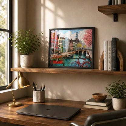 Amsterdam Netherlands canal cityscape with colourful gabled houses, cherry blossom trees and a red bicycle watercolor painting, styled in a home office - Dutch travel wall art, Europe cityscape canvas wall art, Amsterdam poster artwork print for living room, bedroom and home office wall decor