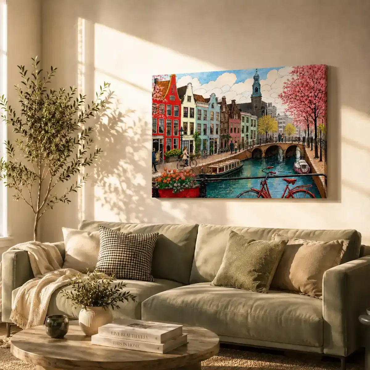 Amsterdam Netherlands canal cityscape with colourful gabled houses, cherry blossom trees and a red bicycle watercolor painting, art for wall behind couch sofa in a living room - Dutch travel wall art, Europe cityscape canvas wall art, Amsterdam poster artwork print for living room, bedroom and home office wall decor