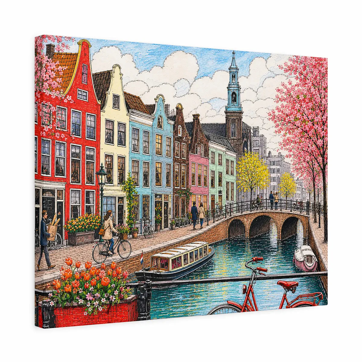 Amsterdam Netherlands canal cityscape with colourful gabled houses, cherry blossom trees and a red bicycle watercolor painting, shown as a canvas gallery wrap - Dutch travel wall art, Europe cityscape canvas wall art, Amsterdam poster artwork print for living room, bedroom and home office wall decor
