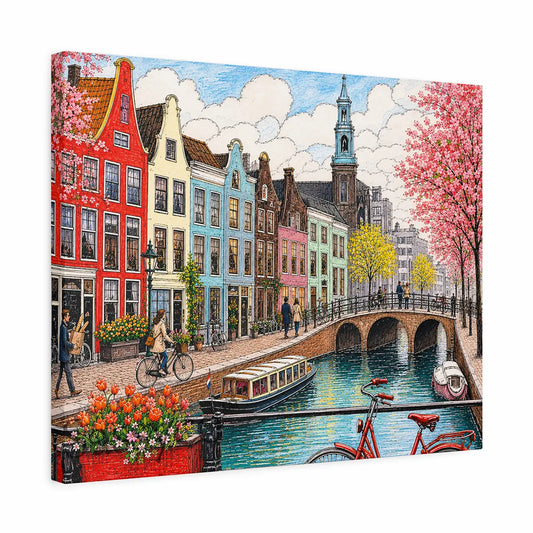 Amsterdam Netherlands canal cityscape with colourful gabled houses, cherry blossom trees and a red bicycle watercolor painting, shown as a canvas gallery wrap - Dutch travel wall art, Europe cityscape canvas wall art, Amsterdam poster artwork print for living room, bedroom and home office wall decor