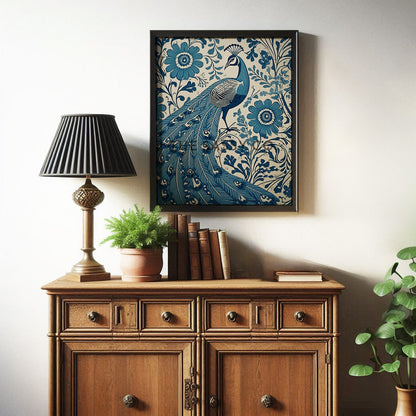 Rustic Floral Peacock Blue Paisley Wall Art Painting Canvas Print, Framed Print for bedroom, living room, home decor