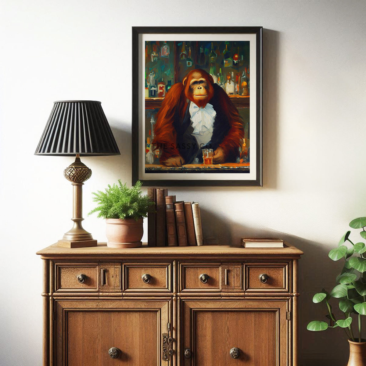 Vintage style, Animal, Orangutan Bartender Wall Art Painting, Canvas & Framed print for bar, Kitchen, Dining, Home decor