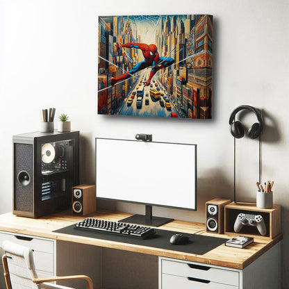 a blue, red canvas wall art painting of Spiderman in the city. Spider man superhero artwork wall art painting canvas print, framed art print for bedroom, game room wall decor, kid's room decor. Modern wall art decor for Indian homes.