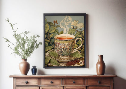 a pastel blue and green vintage style tea artwork. Tea leaves, cup wall art painting canvas, framed art print for kitchen, dining room, home wall decor. Buy modern wall art paintings online India.