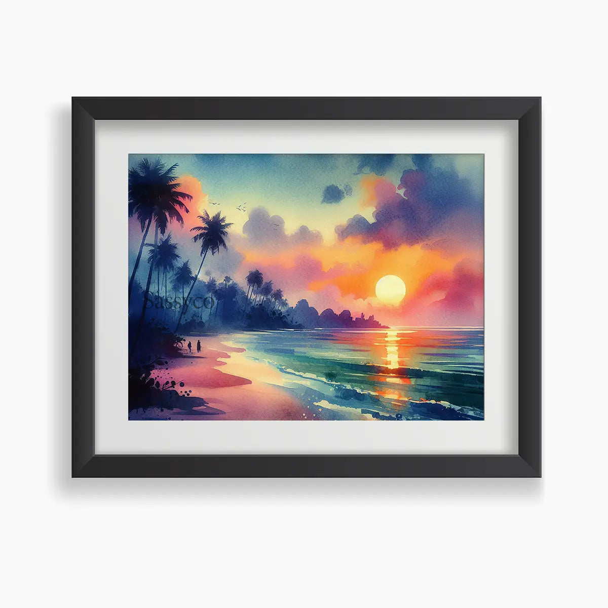 Goa India sunset beach landscape with silhouetted palm trees, a glowing orange sun and gentle waves washing over golden sand watercolor painting, framed in a sleek black frame - beach canvas wall art, coastal sunset wall art, Goa travel poster artwork print for living room, bedroom and home office wall decor